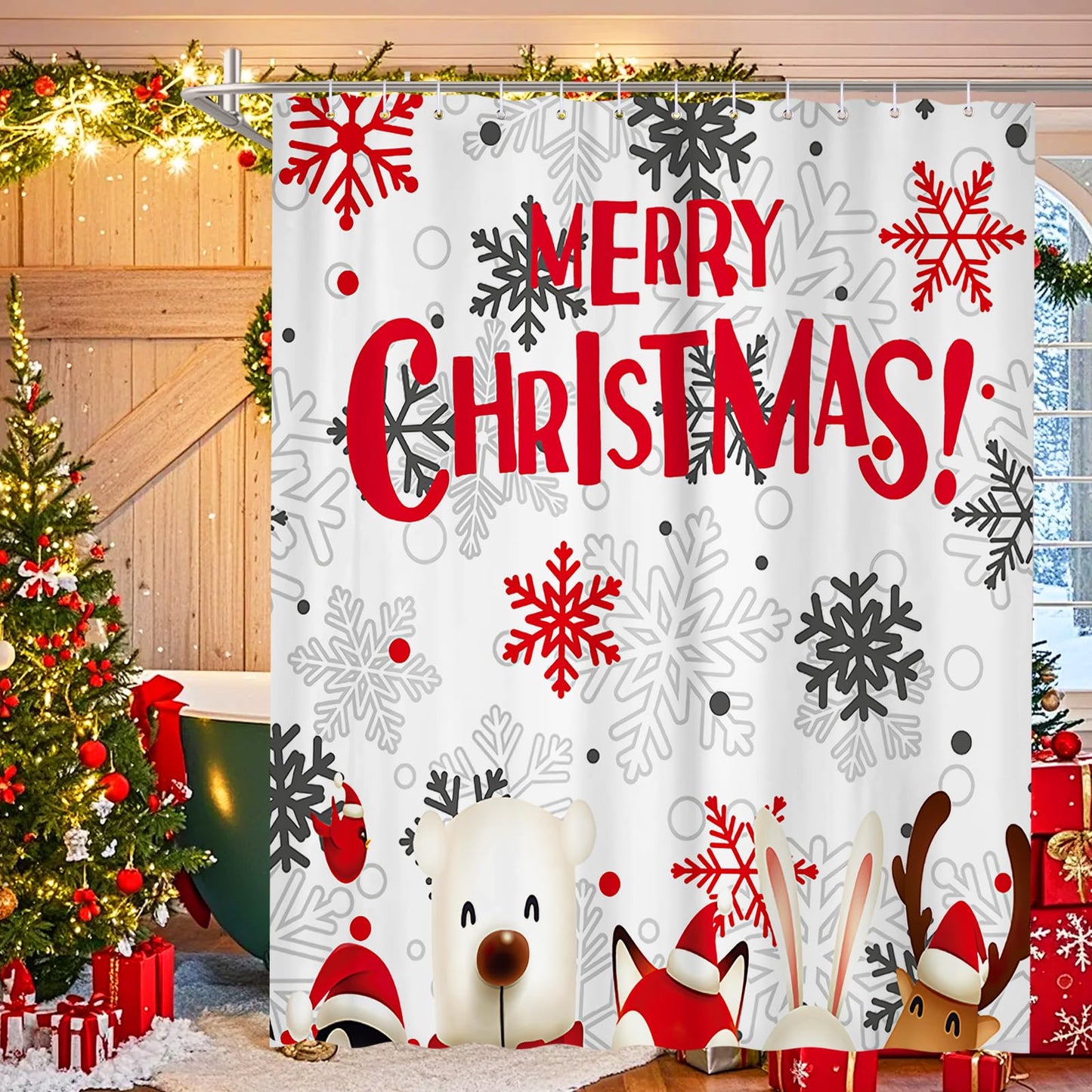 Christmas Shower Curtain Merry Christmas Bathroom Curtain with 12 Hooks Mildew and Mould Resistant Curtain Xmas Decoration Waterproof Polyester Shower