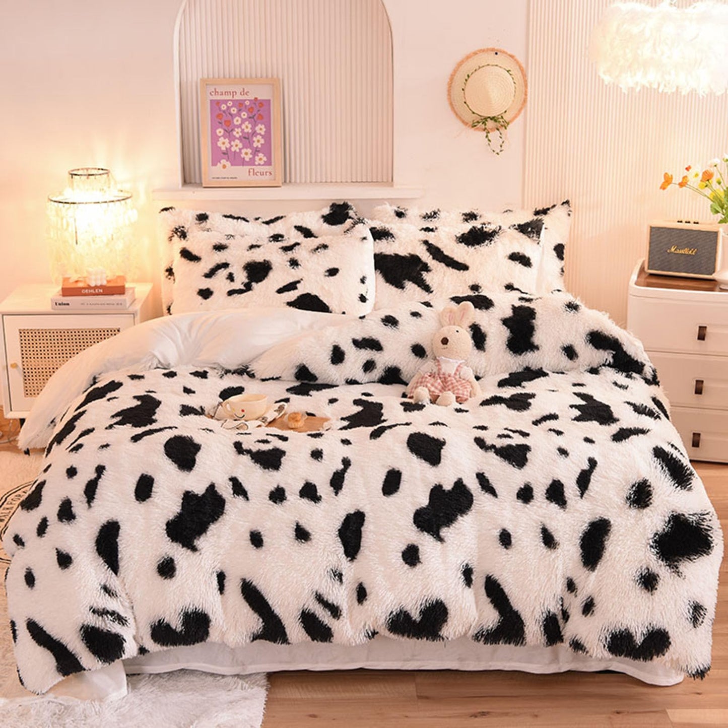 ZIQINPSQ Plush Shaggy Duvet Cover Set,Tie Dye Faux Fur Bedding Set for Teens Girls Soft Velvet Fluffy Fuzzy Comforter Cover Bed Set (Cow, King)
