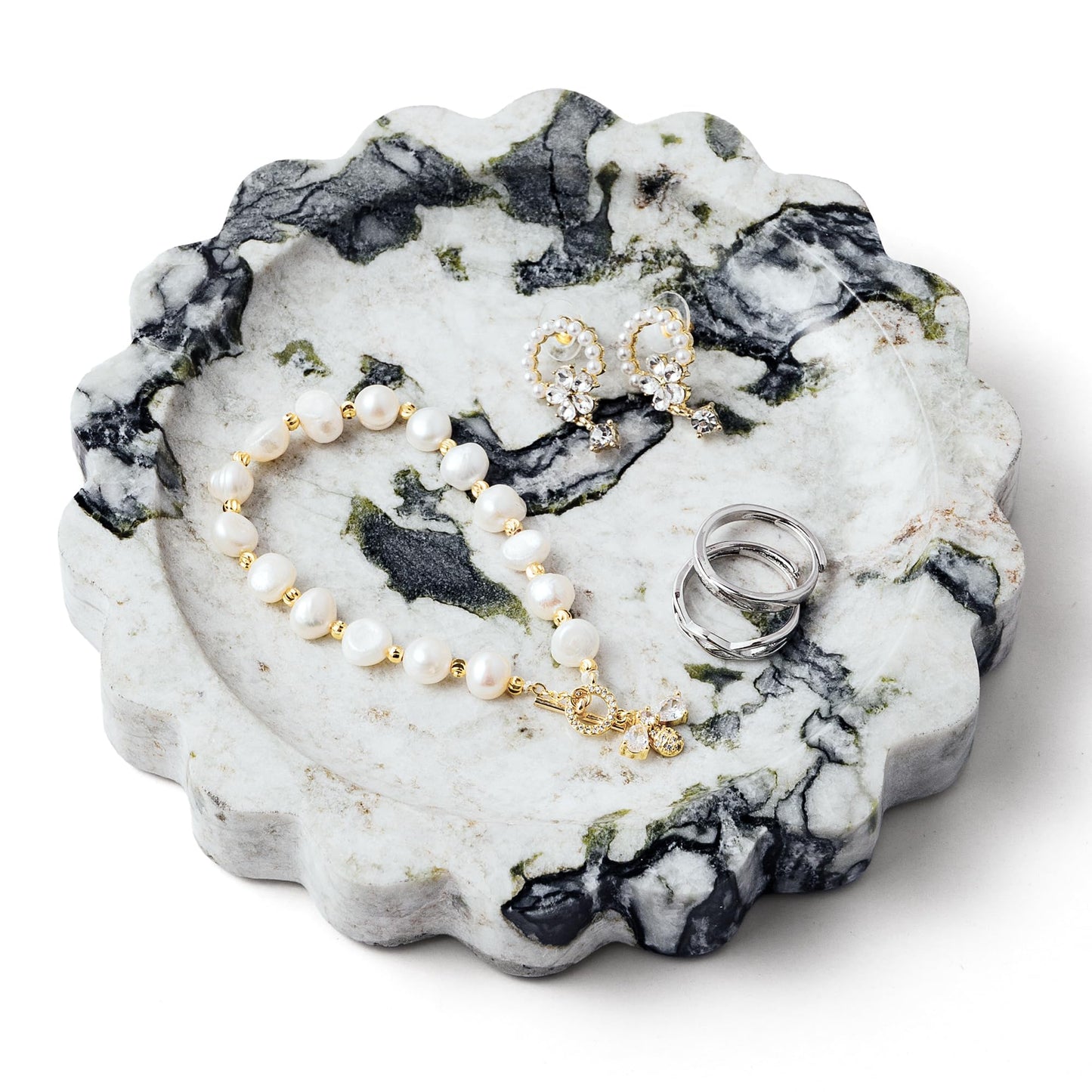 WORHE Marble Vanity Tray - Small Scalloped Round Candle Tray for Jewelry, Perfume, Makeup -Calacatta Viola Jewelry Dish Natural Decorative Bathroom