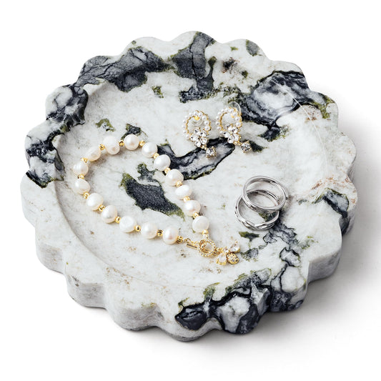 WORHE Marble Vanity Tray - Small Scalloped Round Candle Tray for Jewelry, Perfume, Makeup -Calacatta Viola Jewelry Dish Natural Decorative Bathroom