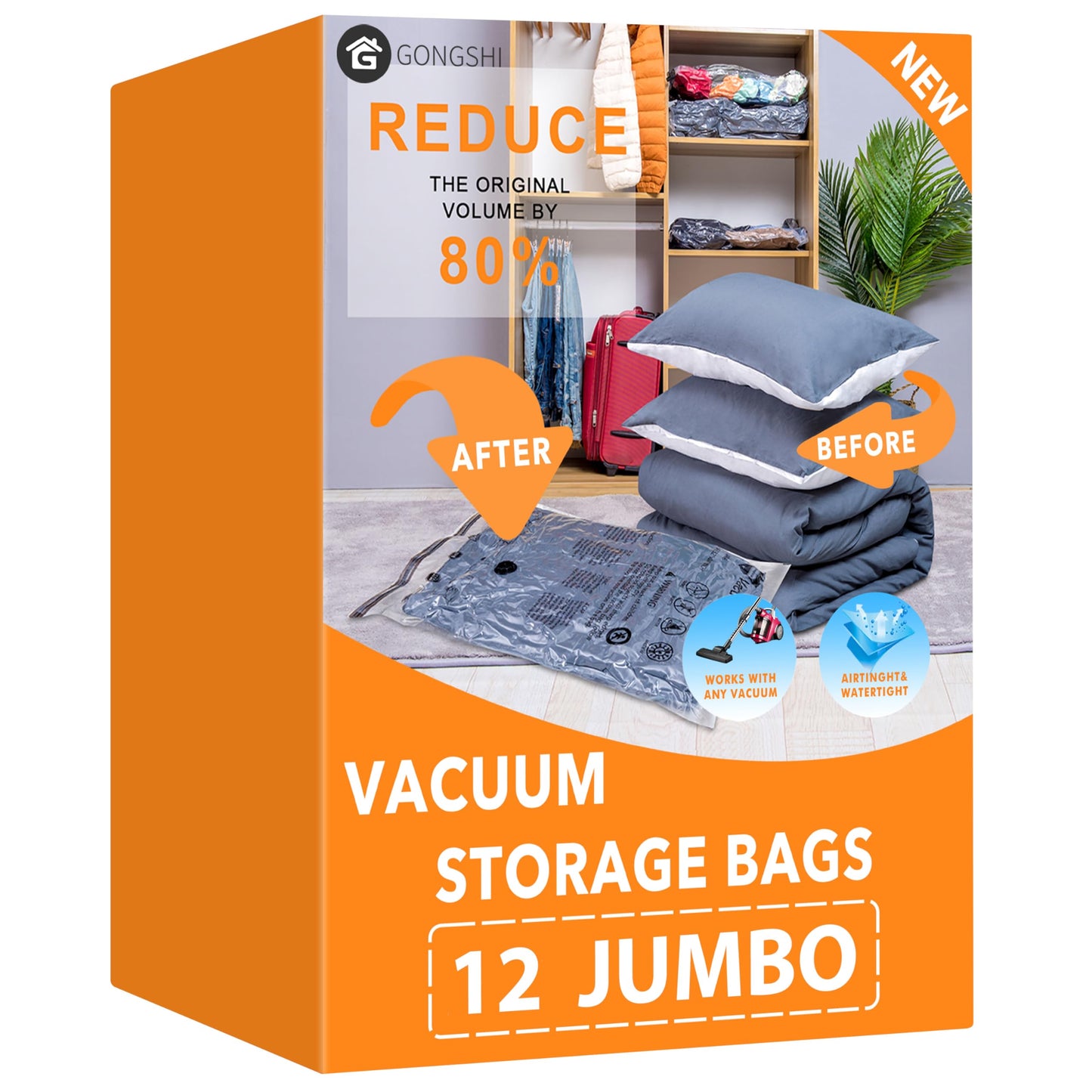 Vacuum Storage Bags (12 x Jumbo), Space Saver Sealer Compression Bags for Blankets, Comforters, Pillows, Clothes Storage