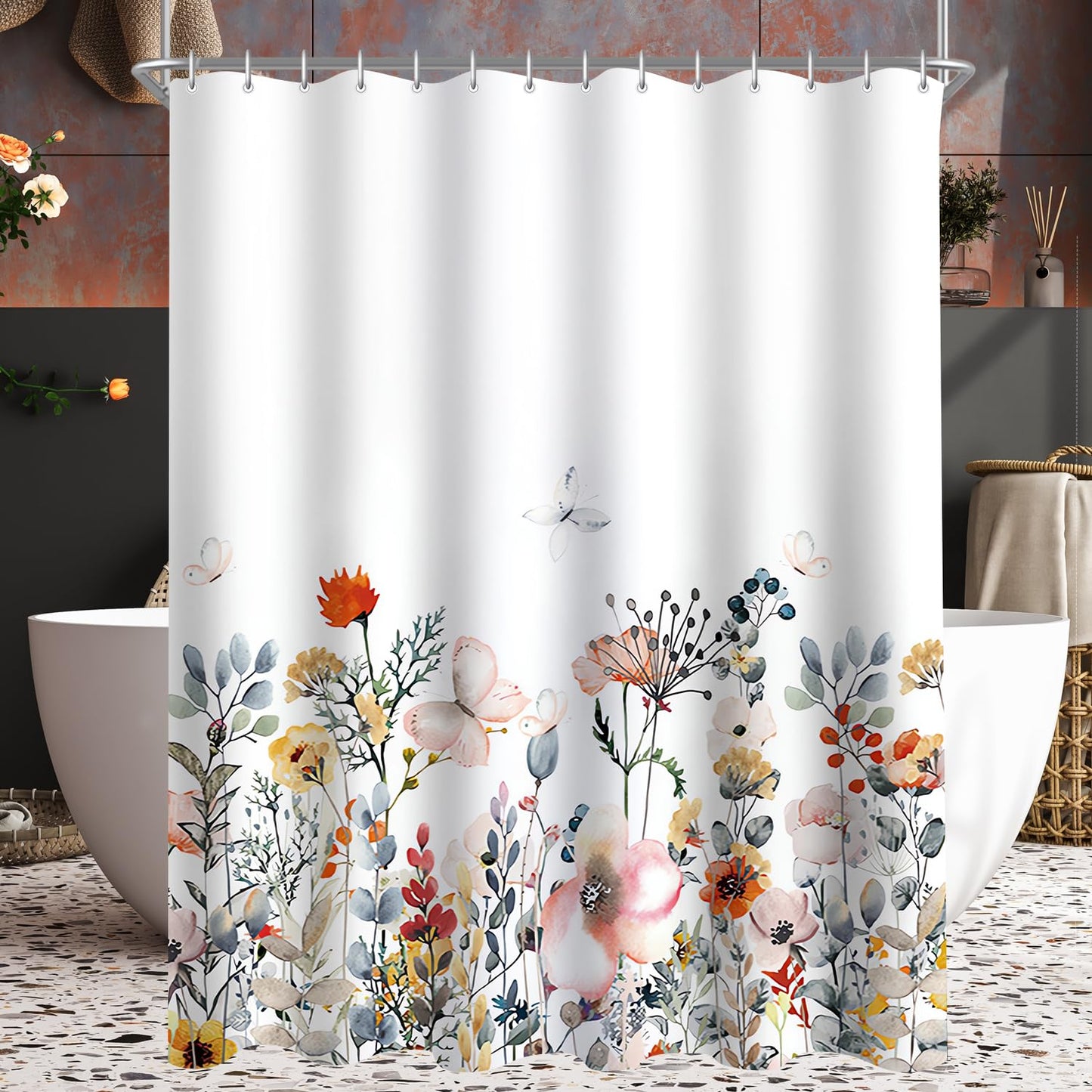Lerores Shower Curtain 59x71 inch,Flowers Mould and Mildew Resistant,Waterproof,Washable Polyester Fabric Bath Curtains with Weight Tape,12 pcs Hooks