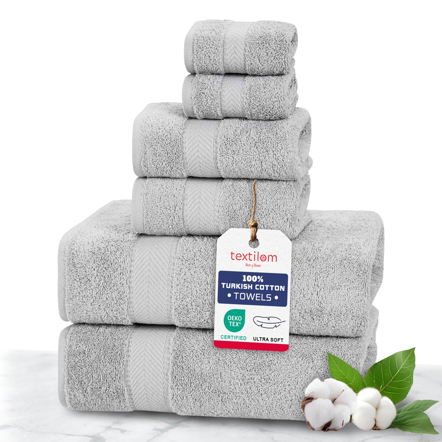 TEXTILOM 6 Pcs Towel Set, 2 Bath Towels, 2 Hand Towels, 2 Washcloths, 100% Luxury Cotton, Hotel Quality Bathroom Towels, Soft Hand Towels