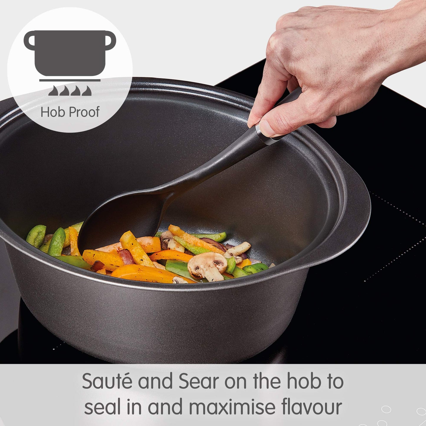 Morphy Richards 6.5L Sear and Stew Slow Cooker with Detachable Hinged lid, Shatter Resistant Aluminium Pot, 3 Heat Settings, Hob Proof, Easy Clean,