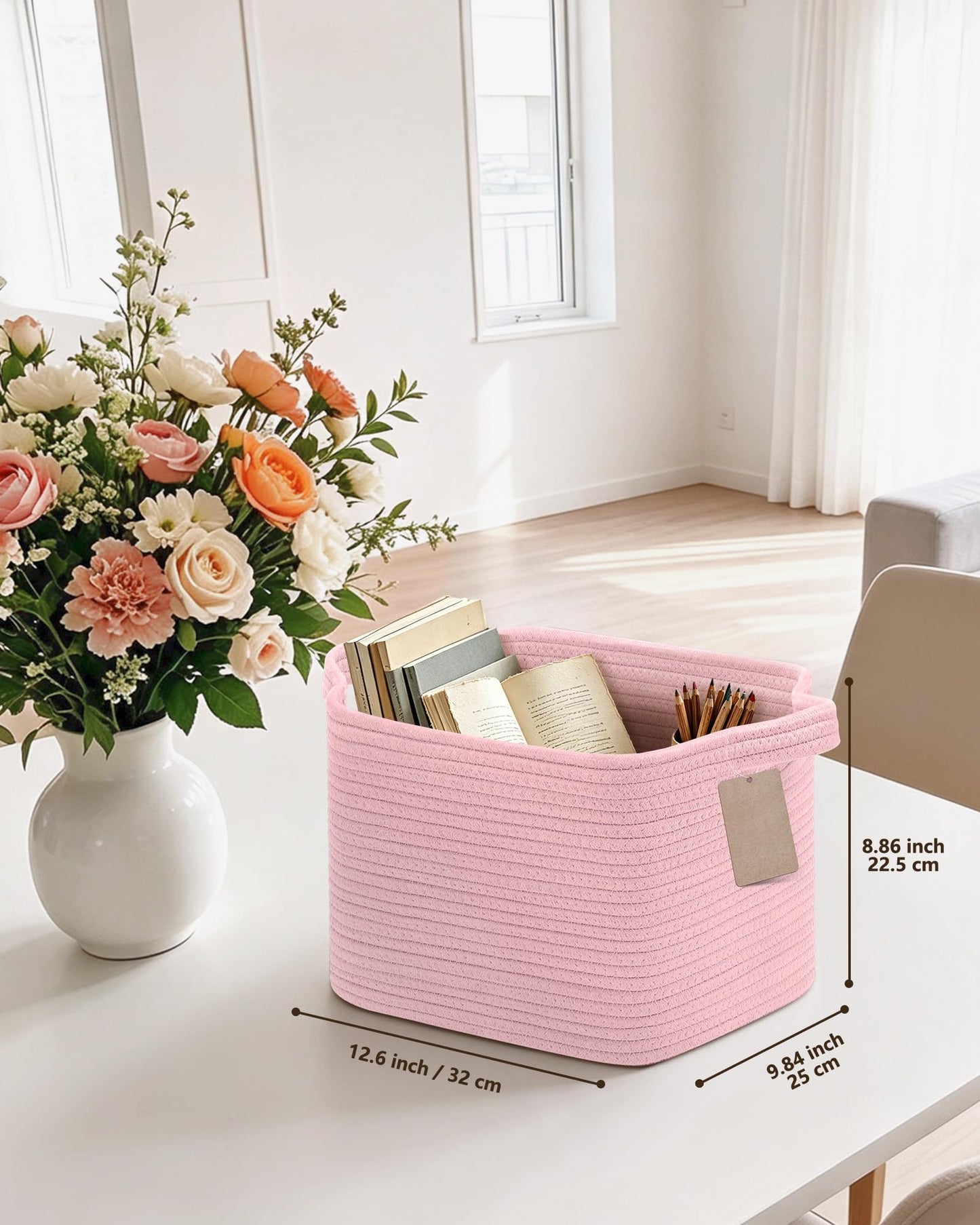 JOJOSEE Small Cotton Rope Woven Storage Basket for Shelves, Pink
