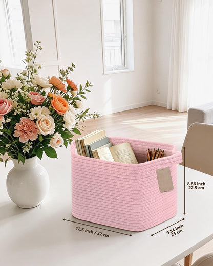 JOJOSEE Small Cotton Woven Storage Basket for Shelves, Pink, 3PCS