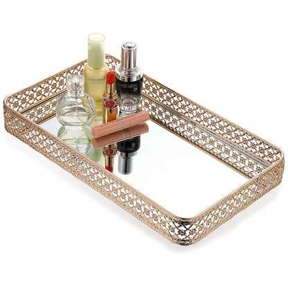 ELLDOO Gold Perfume Tray Mirror Tray Makeup Vanity Tray Hollow-Carved Jewelry Tray Glass Metal Trinket Storage Tray Home Organizer Decorative Tray