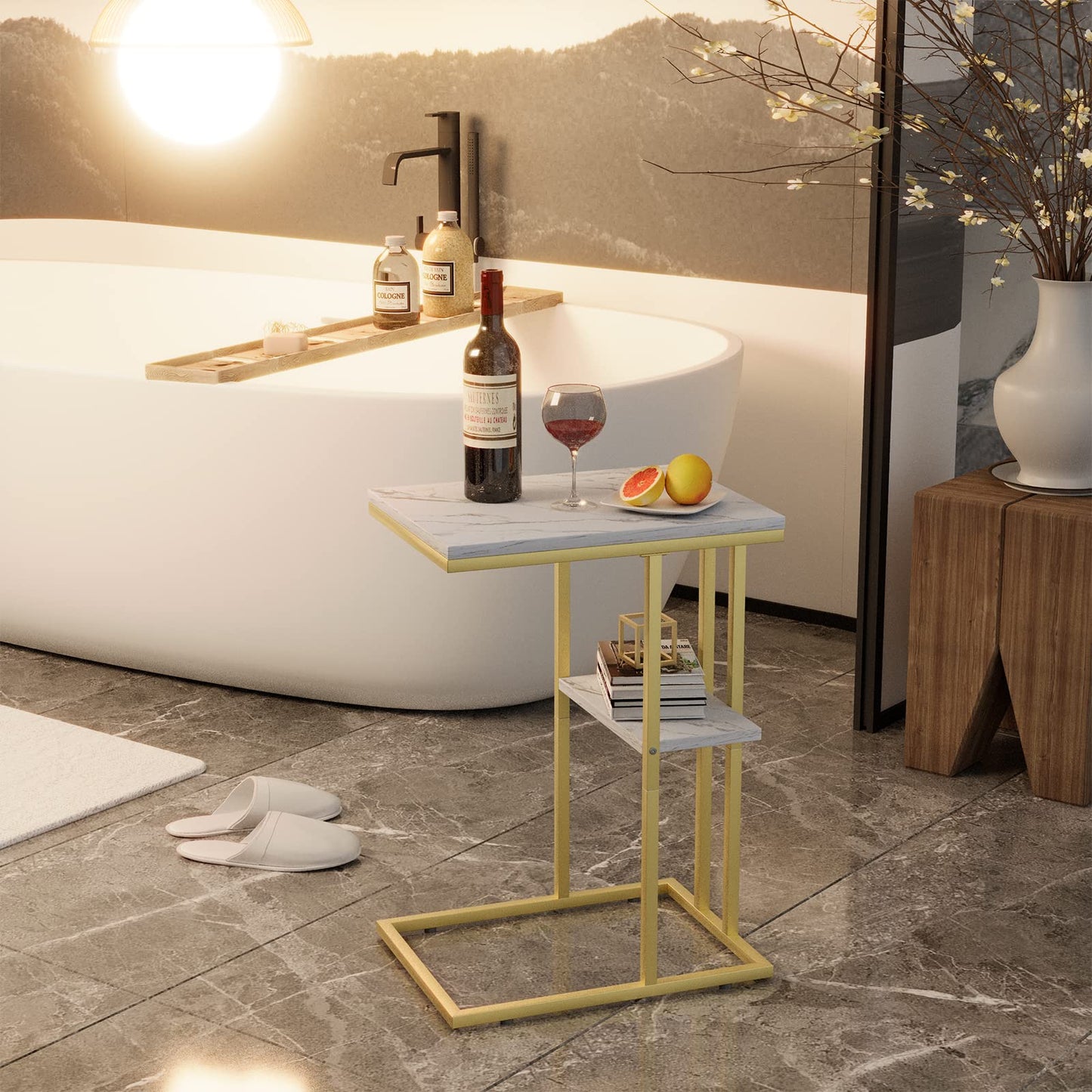 C Shaped End Table, Side Table, Sofa Table, Coffee Table Under Sofa, Small Couch Snack Tables, Bedside Tables with Metal Frame for Living Room
