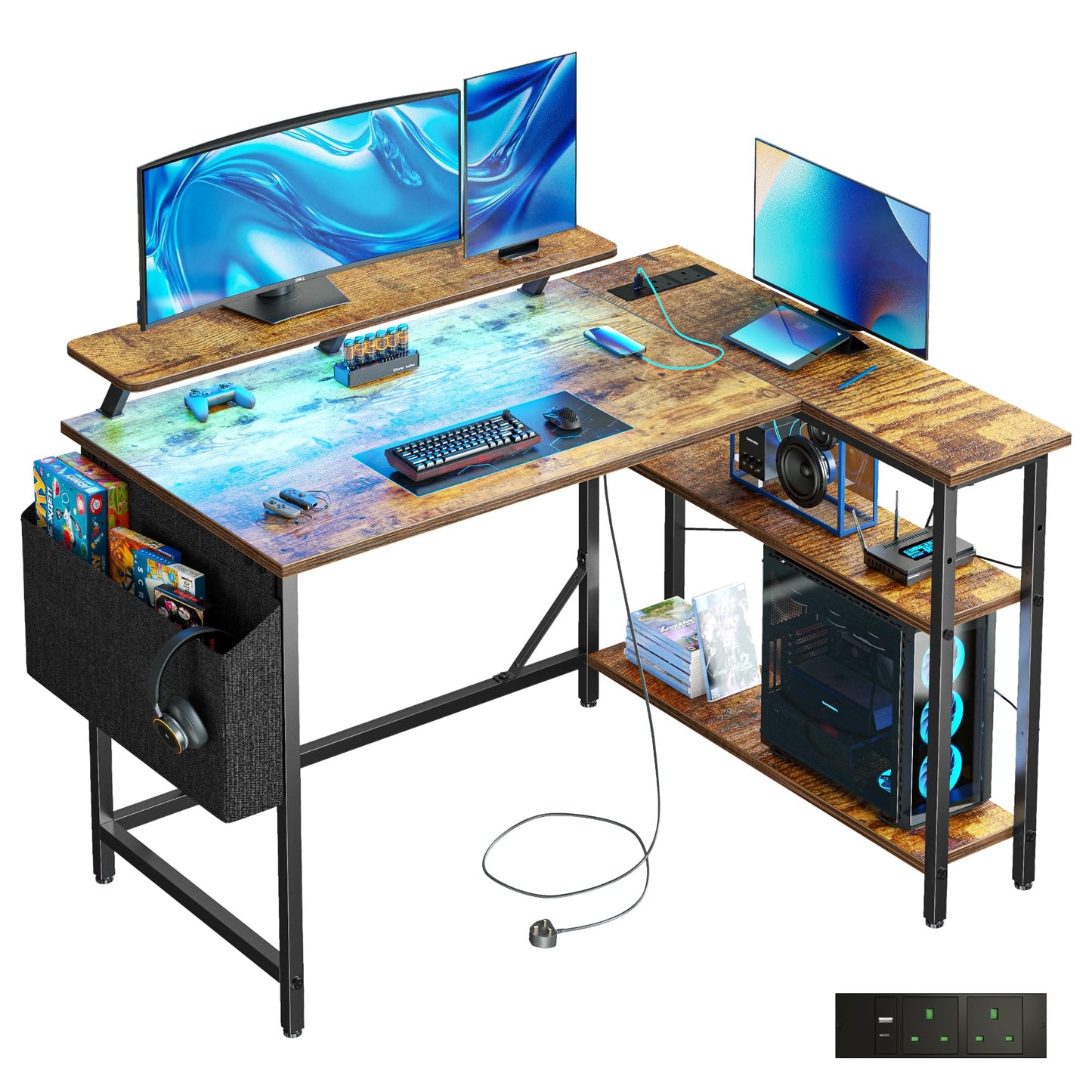 DOMSHOCT L Shaped Gaming Desk with LED Lights & Power Outlets, 120 * 80cm Corner Computer Table with Storage Bag & Adjustable Shelves & Large Monitor