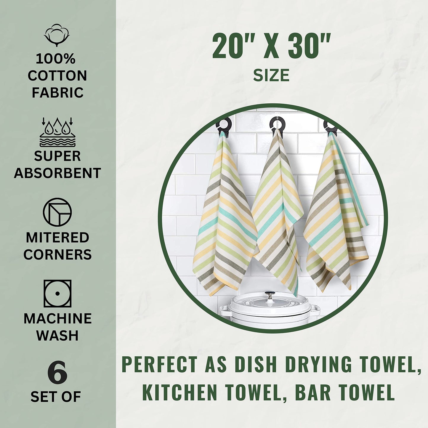 FINGERCRAFT Kitchen Dish Towels, 100% Natural Cotton, Set of 6 Multi-Purpose Kitchen Towels, Very Soft, Highly Absorbent