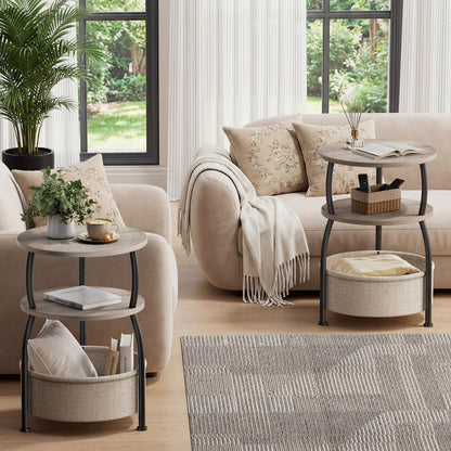 Yuede Side Table with Fabric Basket, Round End Table, 3 Tier Bedside Table, Coffee Table for Living Room, Bed Room, Modern, 40 x 61 cm, Gray
