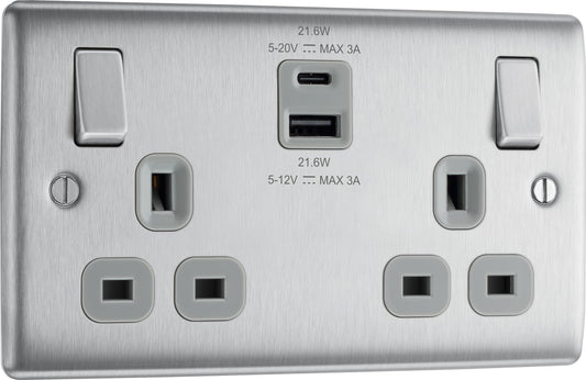 BG Electrical 22W Double Switched Wall Plug Socket with Fast Charge Type A & C USB Charging Ports, Nexus Metal, Brushed Steel, Grey Inserts, 13A,
