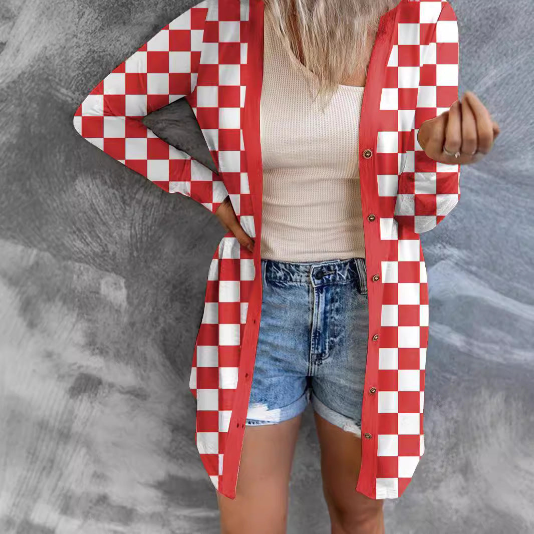 Women's Long Plaid Coat Loose Knitted Cardigan