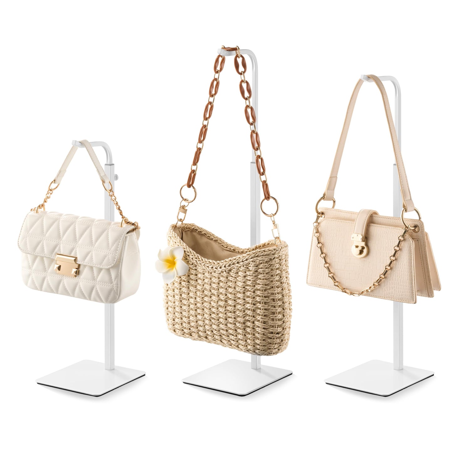 pickpiff 3 Pack Purse Holder Handbag Display Stand: White Hanger Rack for Bags, Purses, and Wreath, Adjustable Hook Stand for Tabletop, Closet