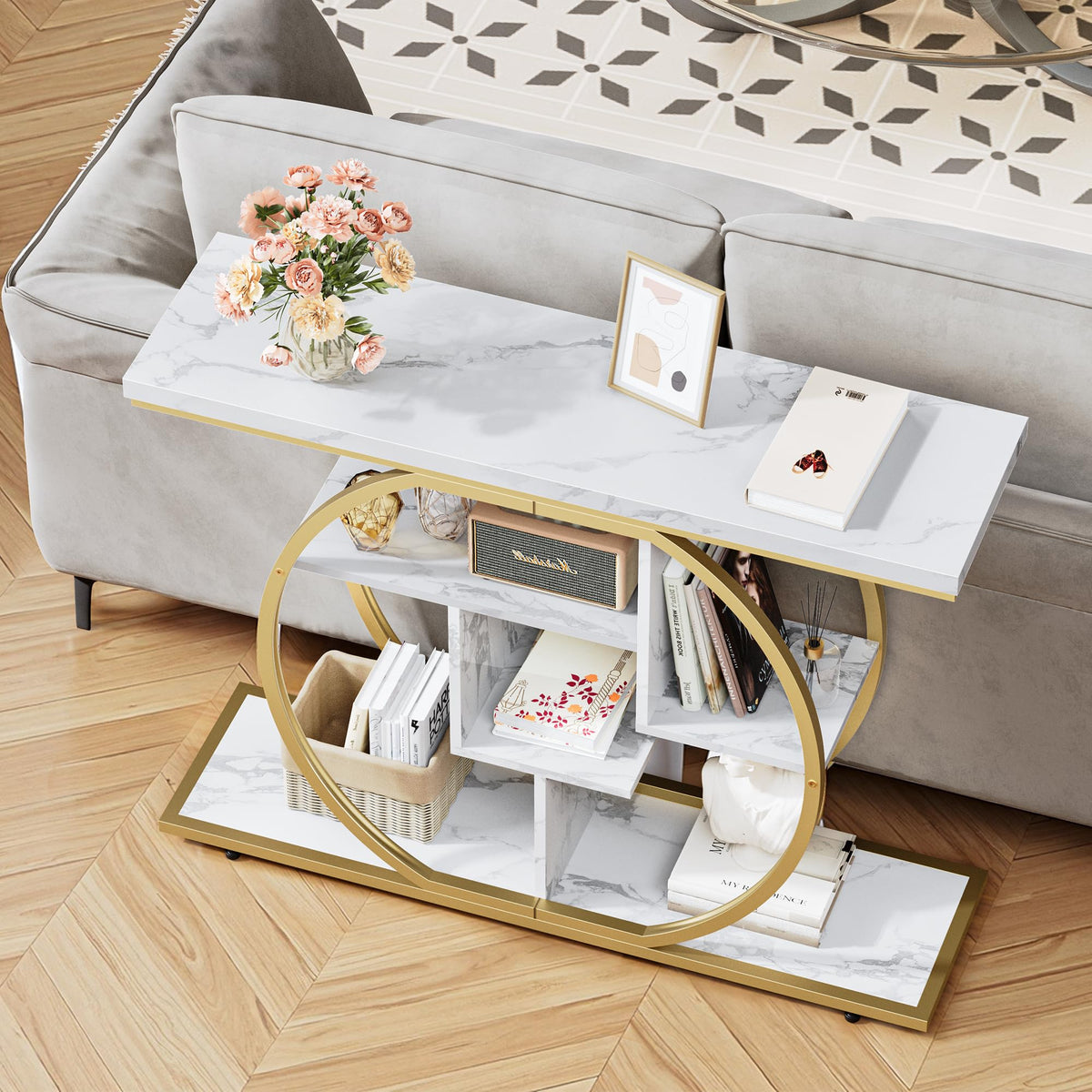 Pampaic Console Table, Hallway Table with 5-Tier Storage Shelves,105 x 30 x 80 cm, Entryway Table with Adjustable Foot Pads