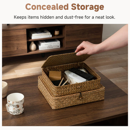 StorageWorks Wicker Storage Boxes with Lids, Flat Seagrass Storage Baskets with Lids