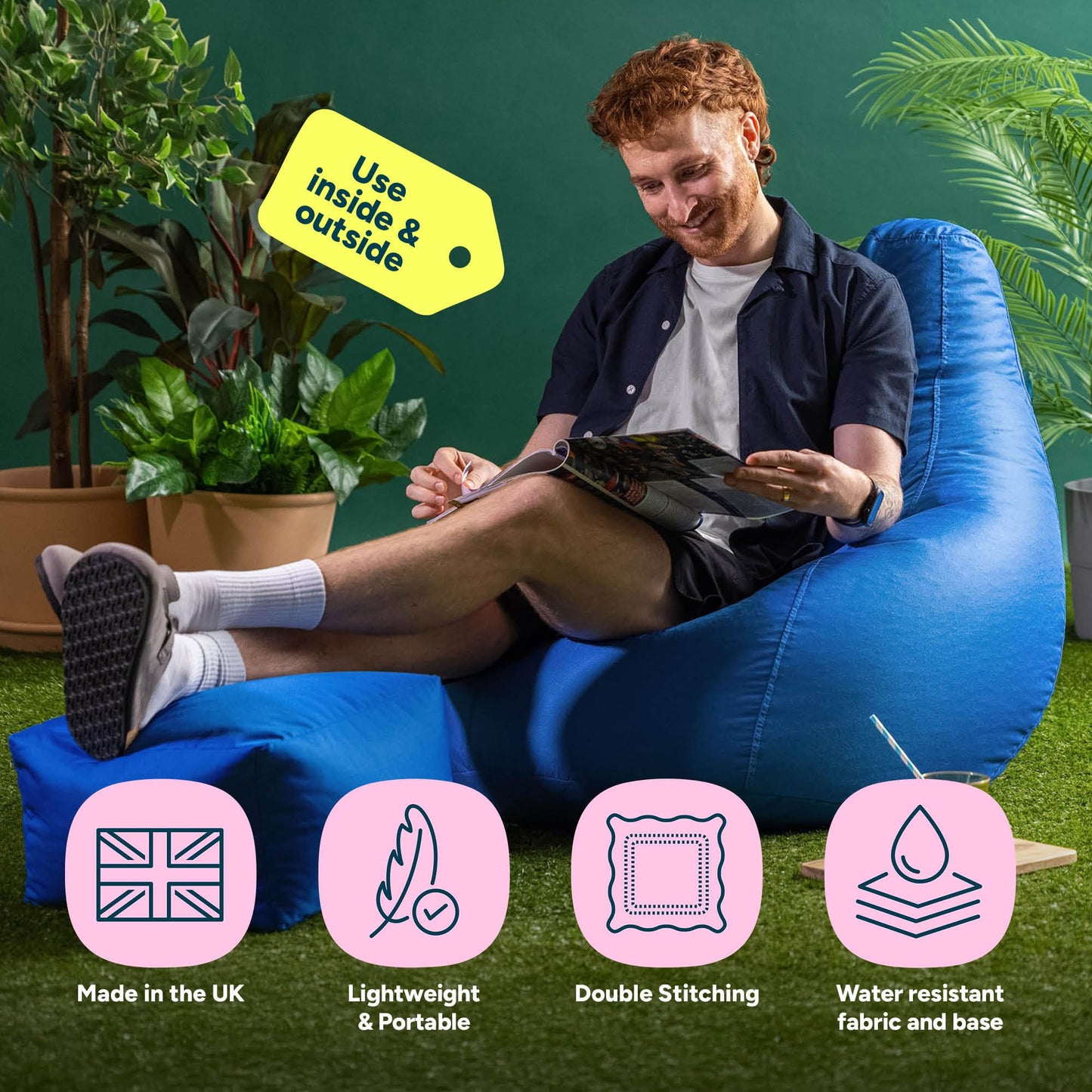 Bean Bag Bazaar Outdoor Bean Bag & Footstool with Filling Included, Blue