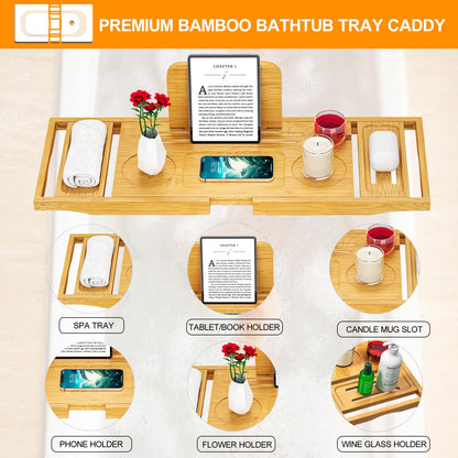 Bathtub Tray Caddy - Bath Tray - Bath Tub Tray Caddy - Bamboo Bath Tray for Tub - Expandable Size, Fits Most Tubs