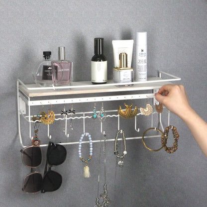 J JACKCUBE DESIGN JackCubeDesign Hanging Jewelry Organizer with 9 Hooks, Wall Mount Necklace Earring Bracelet Sunglass Holder with Wood Shelf
