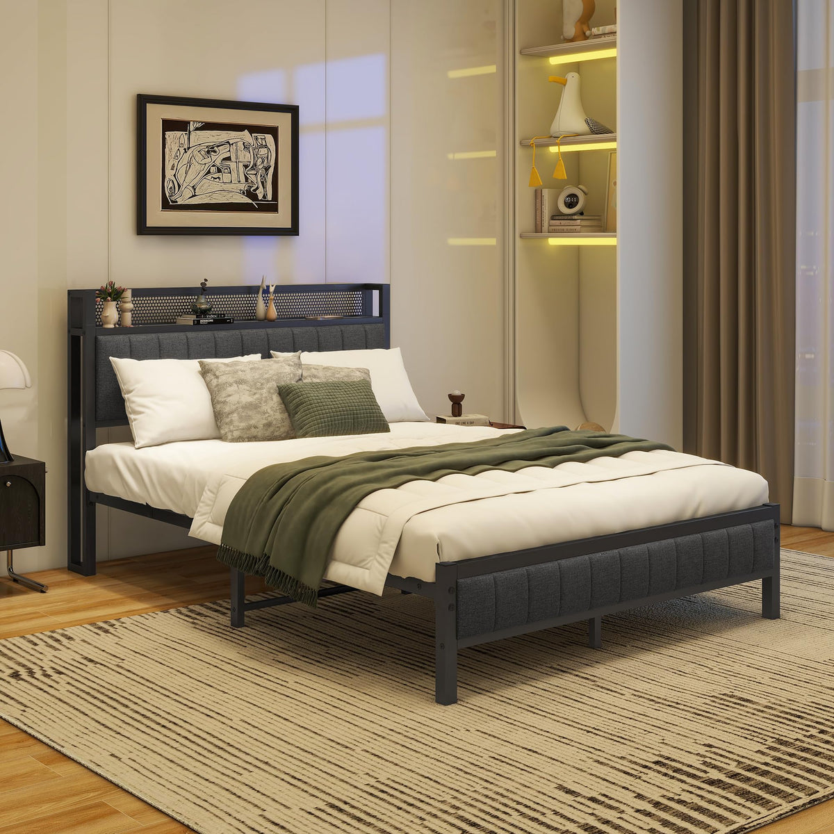 Diahomy 4ft6 Double Bed Frame With Storage Headboard, Dark Grey