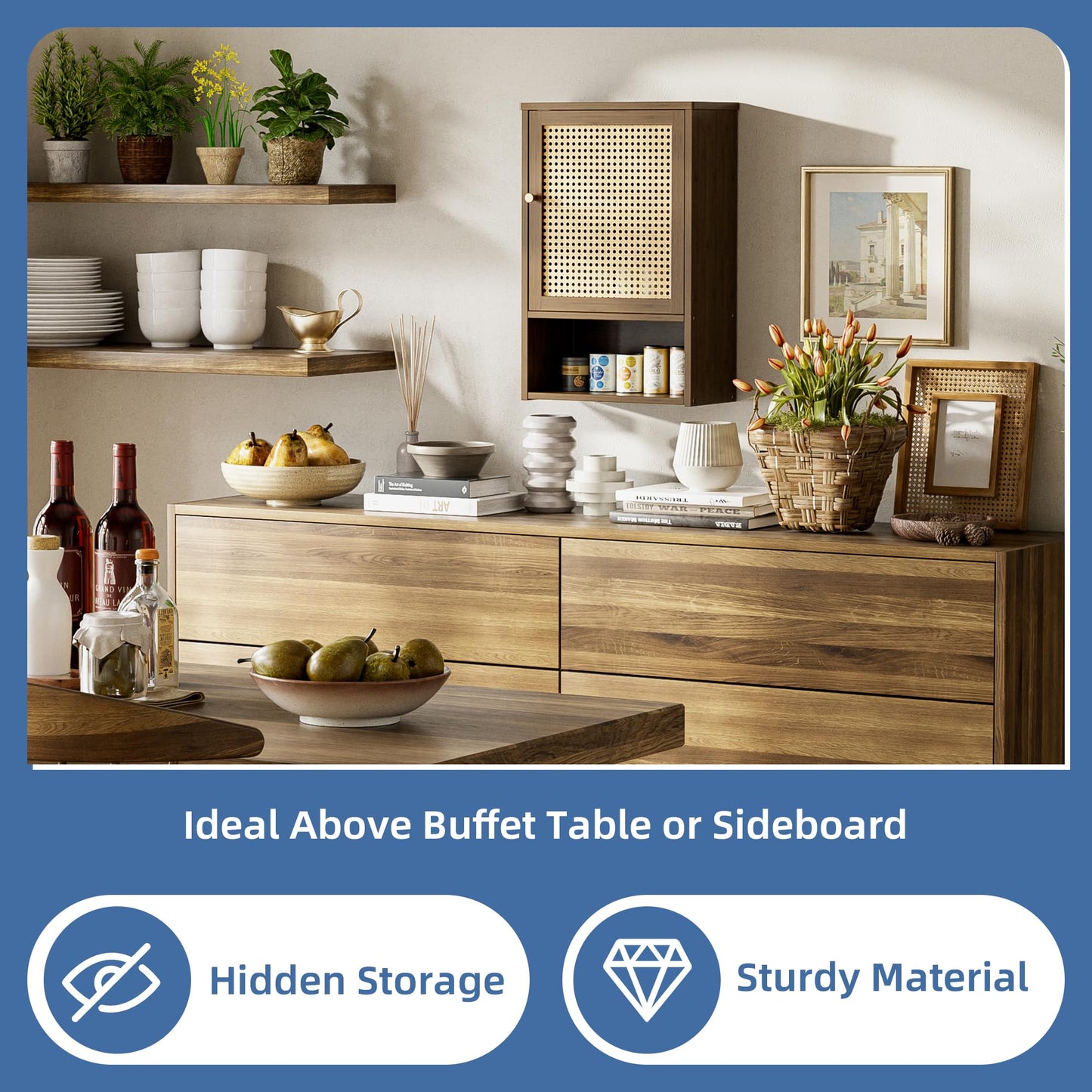 HITNET Bathroom Cabinet Wall Mounted, Rattan Medicine Cabinet, Bamboo Hanging Storage Organizer Over the Toilet with Adjustable Shelf for Living Room