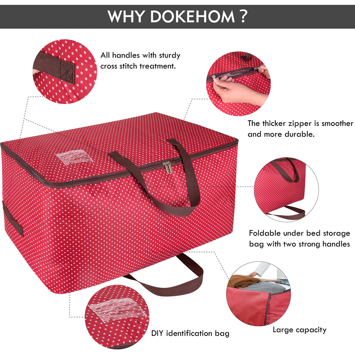 DOKEHOM 105L Large Underbed Clothes Storage Bag with Zip, Moisture proof (Red)
