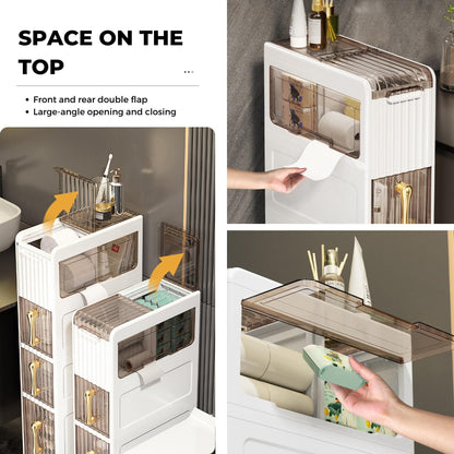 MAGIC SELECT Narrow Bathroom Organizer. Auxiliary Storage Cabinet with Wheels for Narrow Places. Side Cabinet with 3 Compact Drawers for Toilet Paper