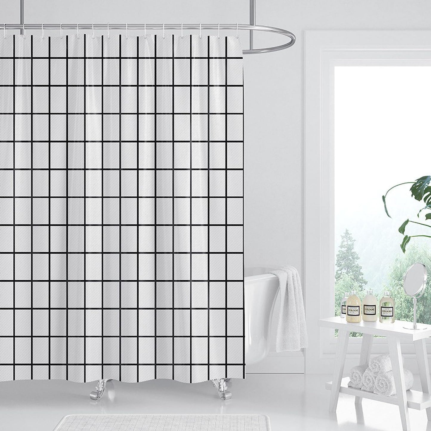FSZhenZuan Shower Curtain 180 x 200 cm Drop Water Repellent Anti Mould Wet Room Shower Curtain with Hooks Washable Polyester Fabric White Grid
