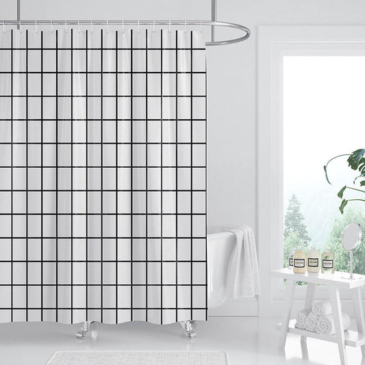 FSZhenZuan Shower Curtain 180 x 200 cm Drop Water Repellent Anti Mould Wet Room Shower Curtain with Hooks Washable Polyester Fabric White Grid