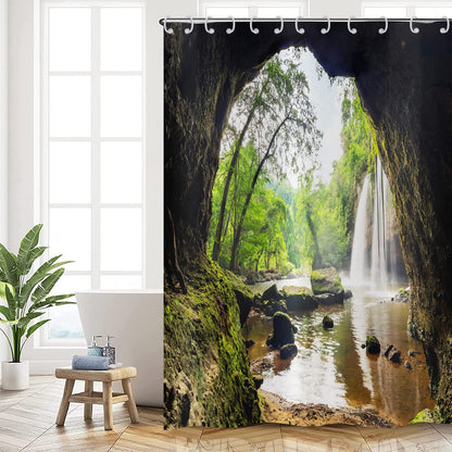 Hnmdmyi Forest Shower Curtain 90x180, Tropical Jungle Rainforest Green Tree Plant Nature Mountain Cave Landscape Waterfall Scenery Bathroom Curtains