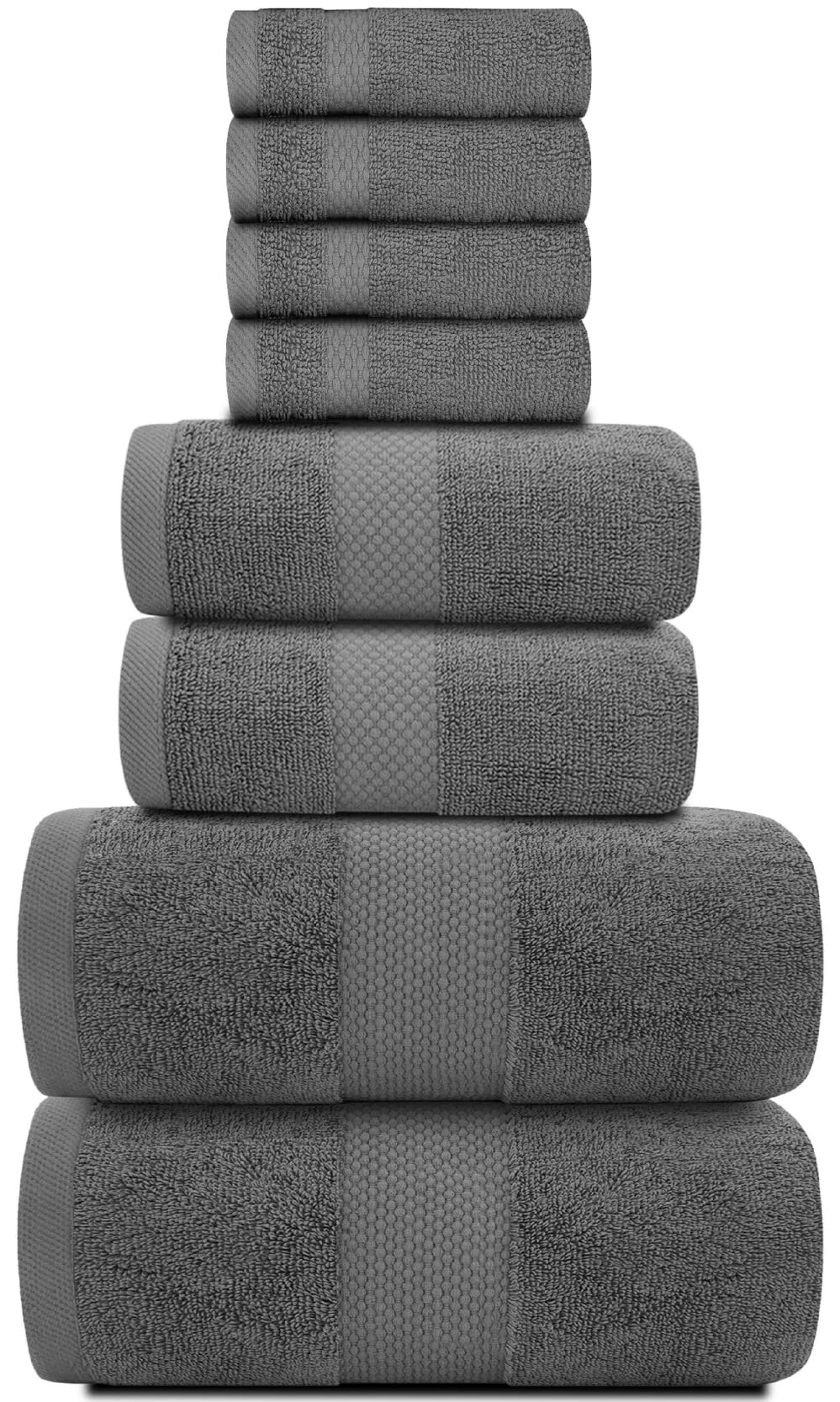 White Classic 8 Piece Towel Set Charcoal Grey - Egyptian Cotton Towels 2 Pcs Large Bath Towels, 2 Pcs Thick Hand Towels, 4 Pcs Face Towels, Quick Dry