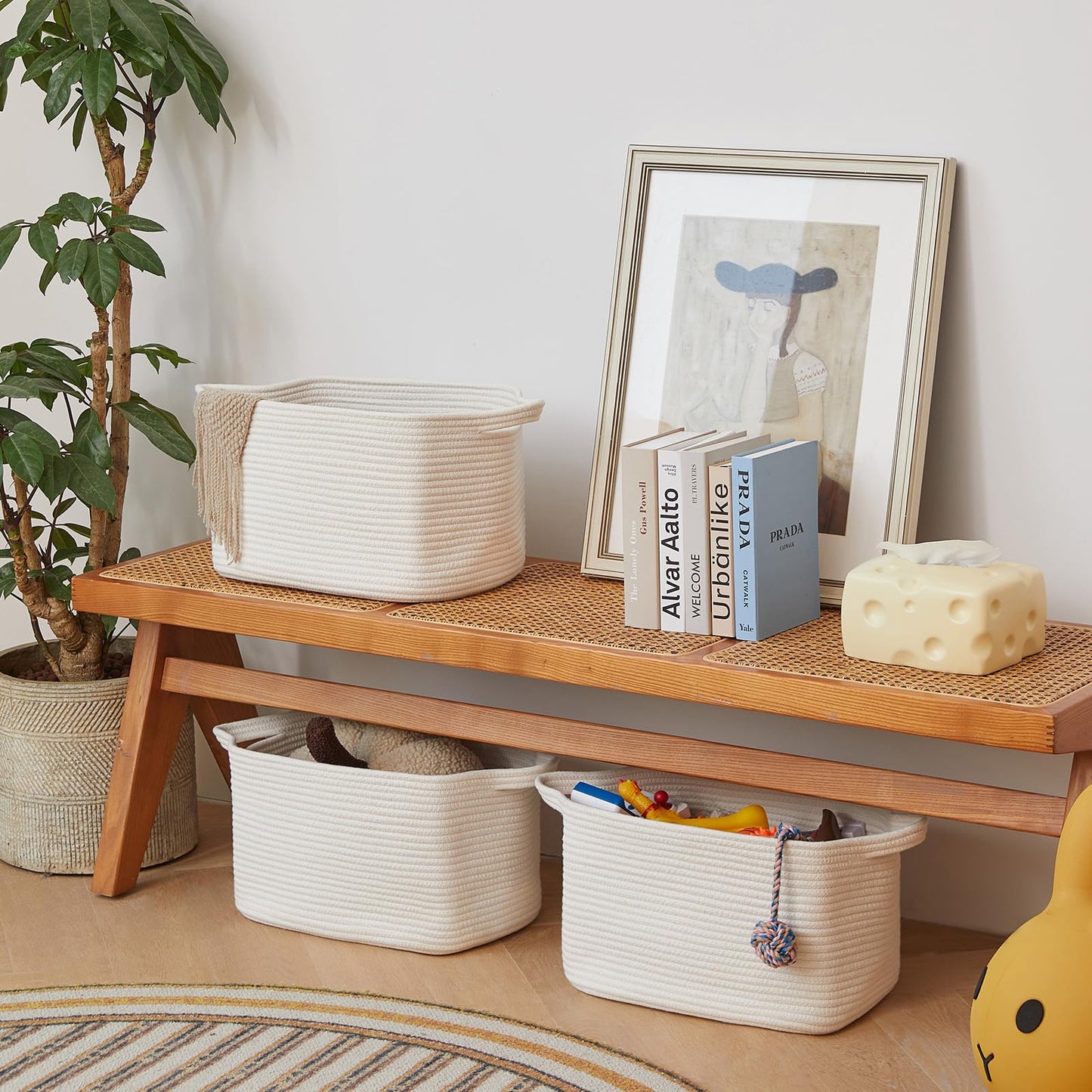R RUNKA 3 Packs Cotton Rope Woven Basket With Handles for Shelves -15"*10.2"*9.1"(White)