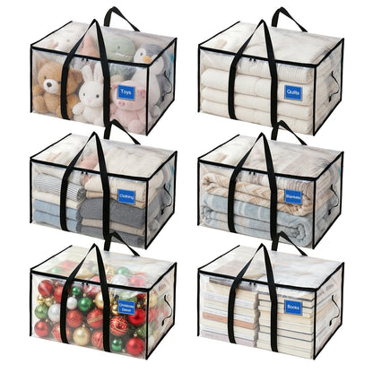 6 Pack Clothes Storage Bags with Zips, 94L Heavy Duty Clear Moving Bags