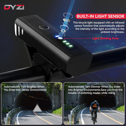 Dyzi Bike Lights - USB Rechargeable Ultra Bright Front & Back Bike Light Sets - 4 Light Modes With Daylight Sensor - Easy to Fit and Mount LED Bicycle Lights