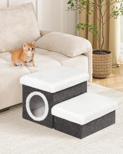 Bonlife Cat House Pet Stairs for Beds Sofa, Dog Bed for Indoor, Foldable Cat Climb Ladder with Storage,2-Tier Pet Steps with Toy Box,Dark