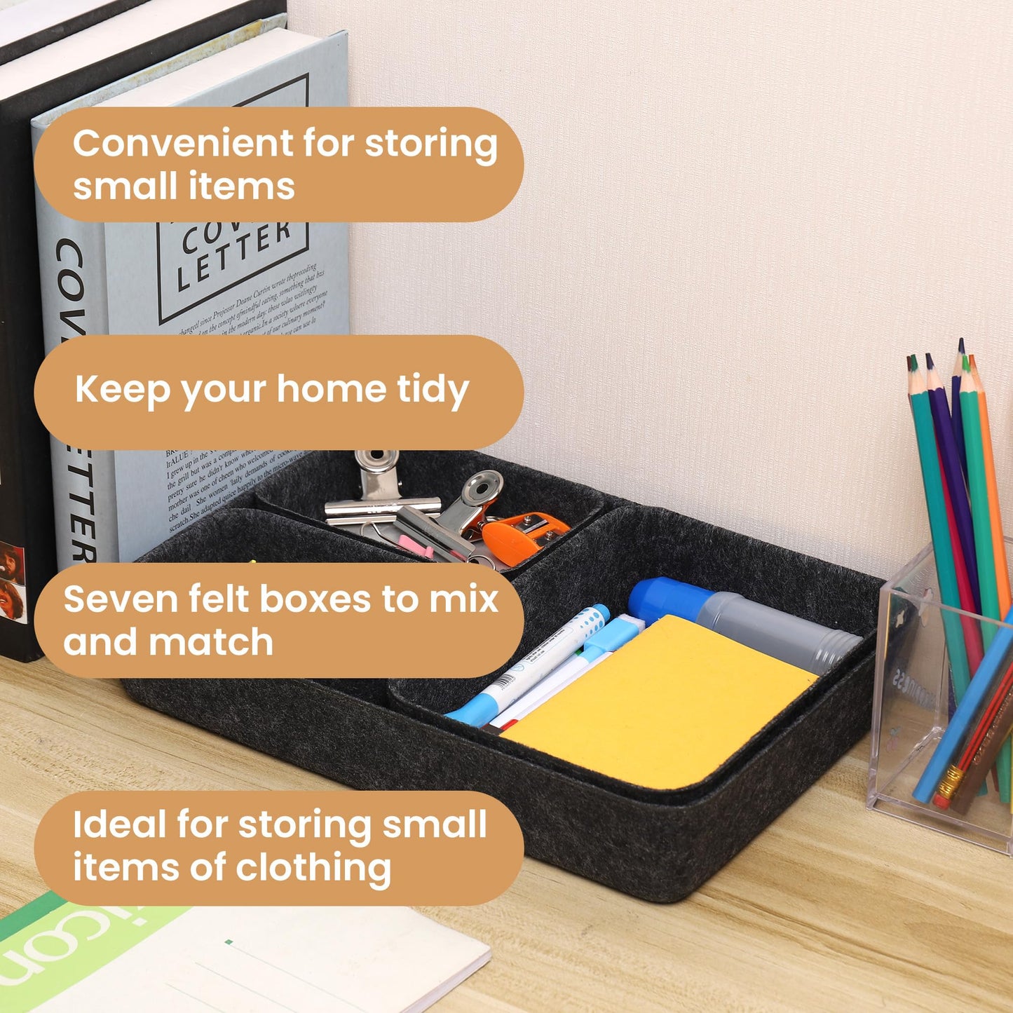 Hejo 7 PCS Square Felt Drawer Organizers Set, Office Drawer Organiser Tray, Durable Drawer Organizer for Home Office, Stationery Dresser, Dark Gray