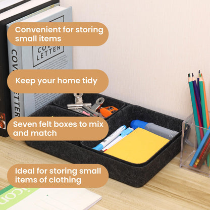 Hejo 7 PCS Square Felt Drawer Organizers Set, Office Drawer Organiser Tray, Durable Drawer Organizer for Home Office, Stationery Dresser, Dark Gray