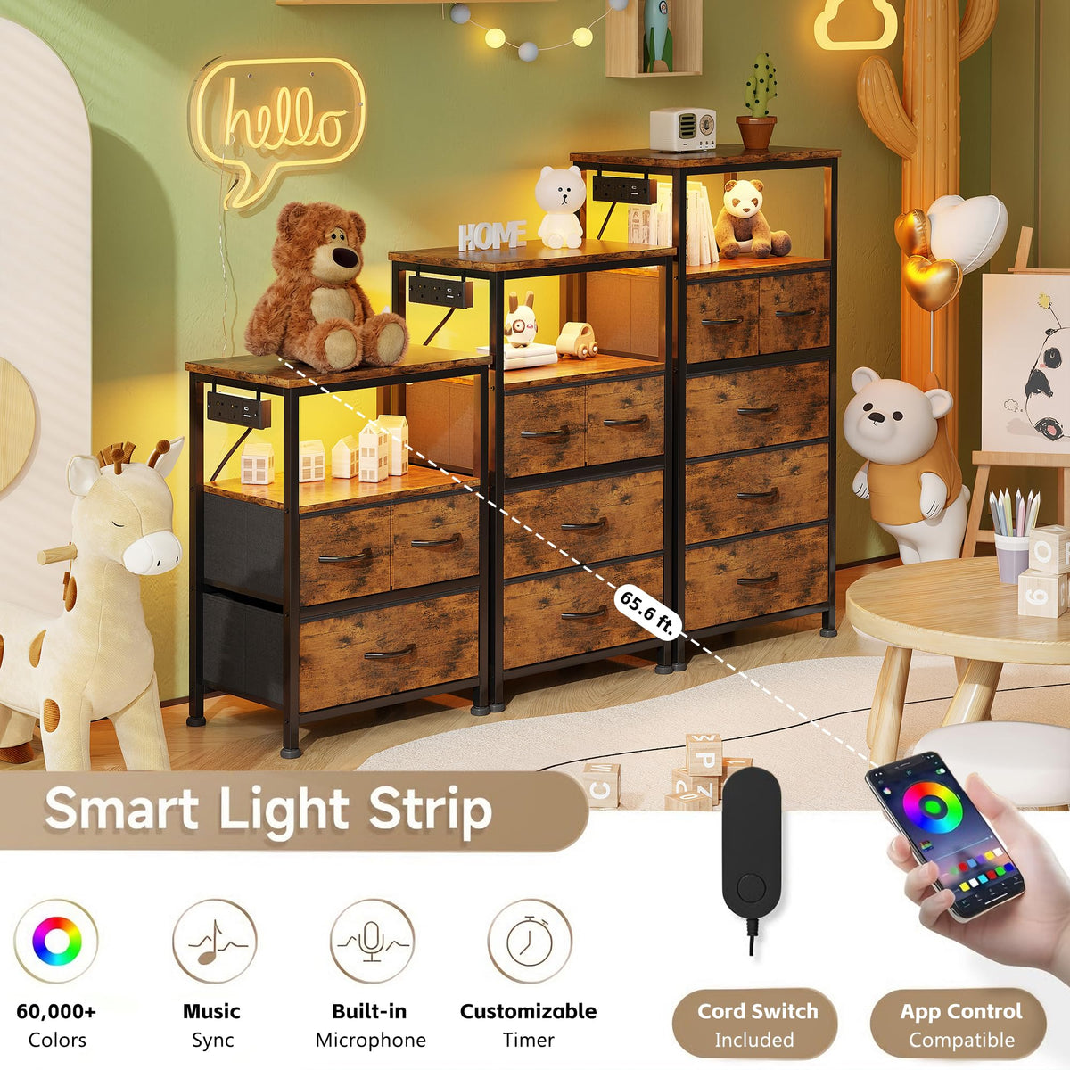 Flrrtenv Bedside Table with Power Strip, Bedside Cabinet with 3 Drawers, LED Bed Side Table for Bedroom