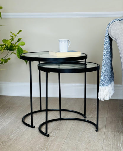 ASPECT Visio Set of 2 Round Nesting Table-Clear Glass Top/Black Frame (Clear/Black)