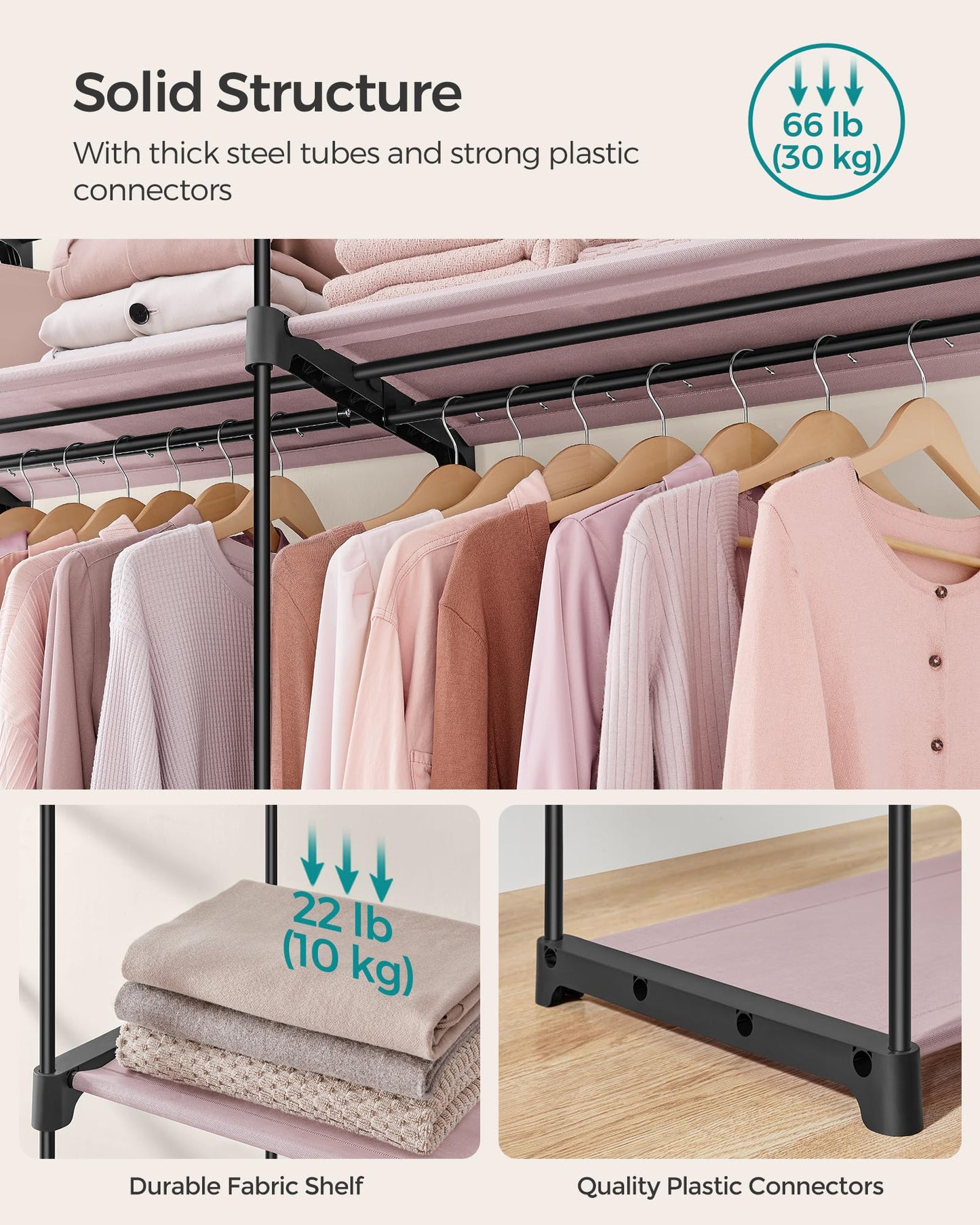SONGMICS Wardrobe, Clothes Storage Wardrobe for Bedroom with 2 Clothes Rails, Fabric Portable Wardrobe, Collapsible, Clothes Rack, for Closet, 140 x