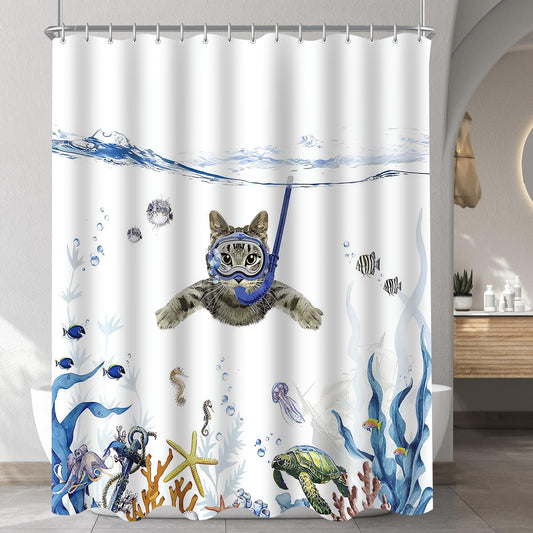Lerores Shower Curtain 240 x 200 cm, Cat Swimming Anti-Mould Textile, Weighted Hem, Water-Repellent, Washable Polyester Fabric Bath Curtains 16 with