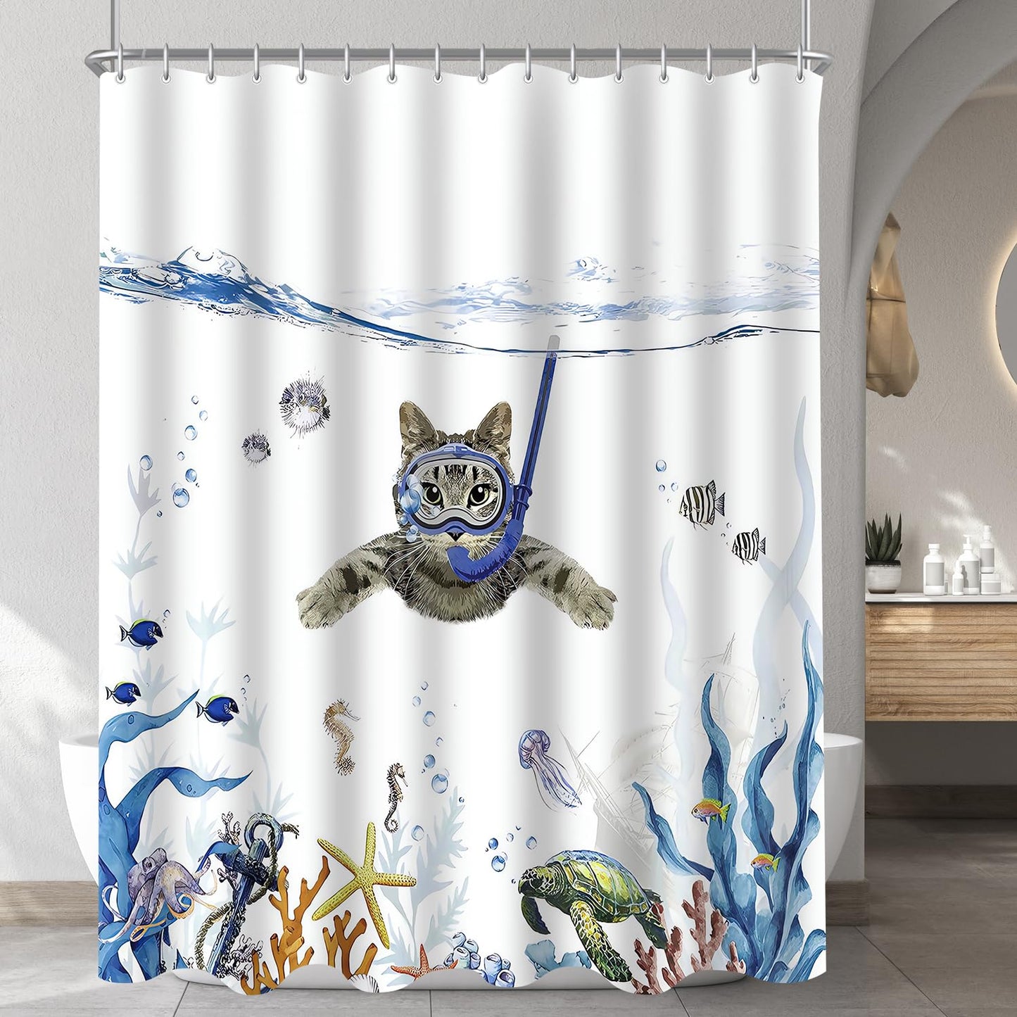 Lerores Shower Curtain 240 x 180 cm, Cat Swimming Anti-Mould Textile, Weighted Hem, Water-Repellent, Washable Polyester Fabric Bath Curtains 16 with