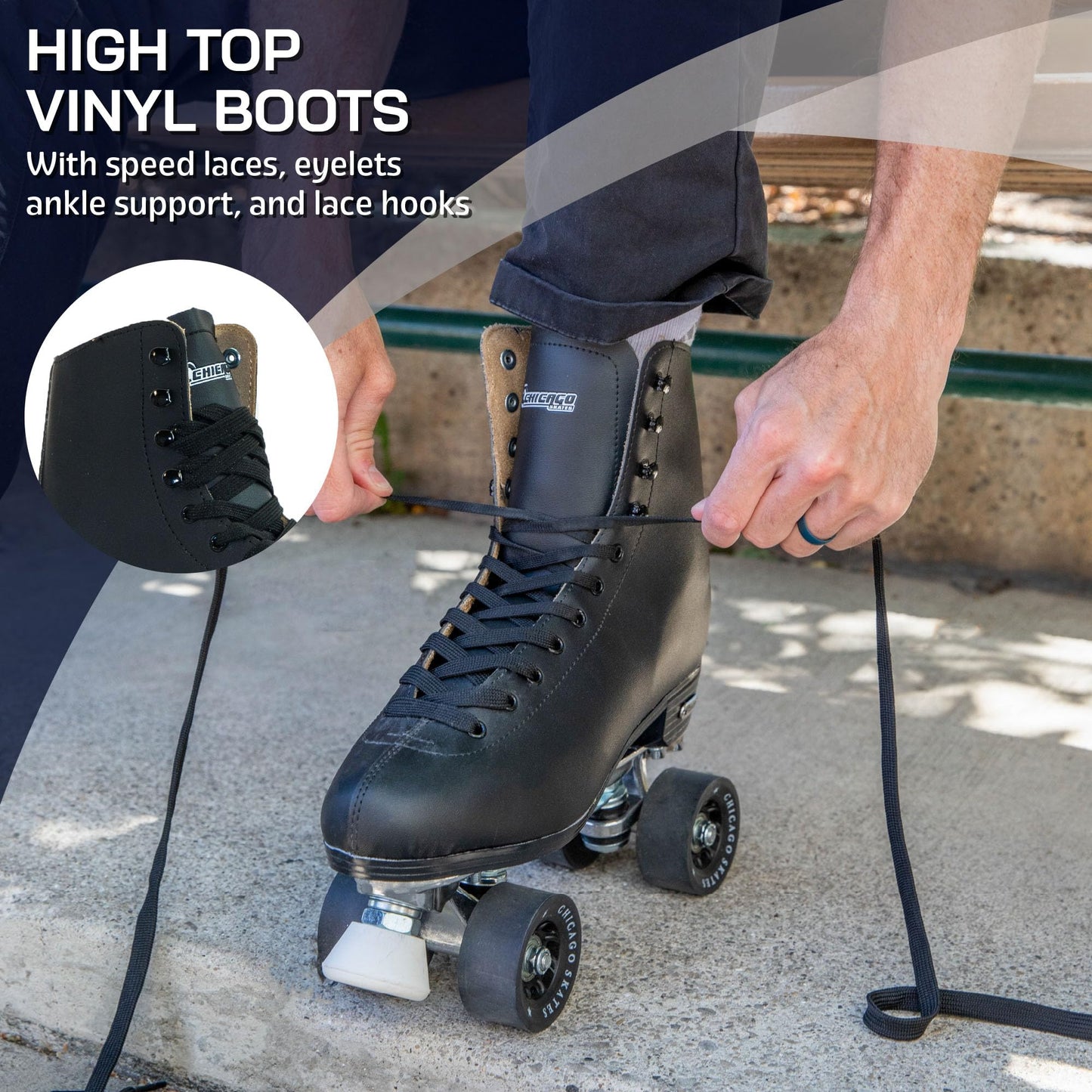 Chicago Skates Men's Premium Leather Lined Rink Roller Skate - Classic Black Quad Skates - Size 6