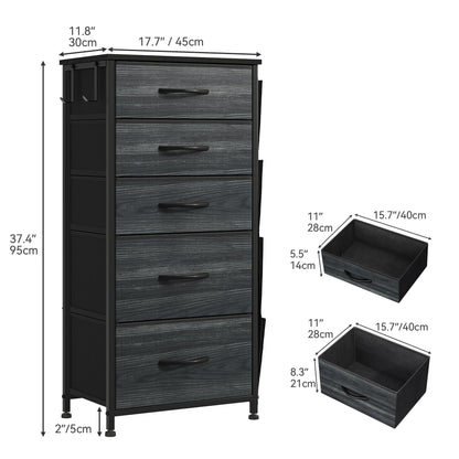 YITAHOME Narrow Chest of Drawers with 5 Drawers, Fabric Drawers with Side Pocket&Hooks,Sturdy Steel Frame,Storage Drawers for Bedroom