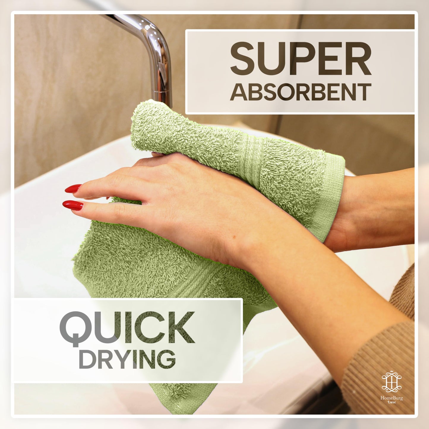HomeBurg Luxe 12-Piece Washcloth Set - 100% Cotton, Soft & Absorbent, Easy Care, Premium Towels for Face & Daily Use, 30 x 30 cm, Sage Green