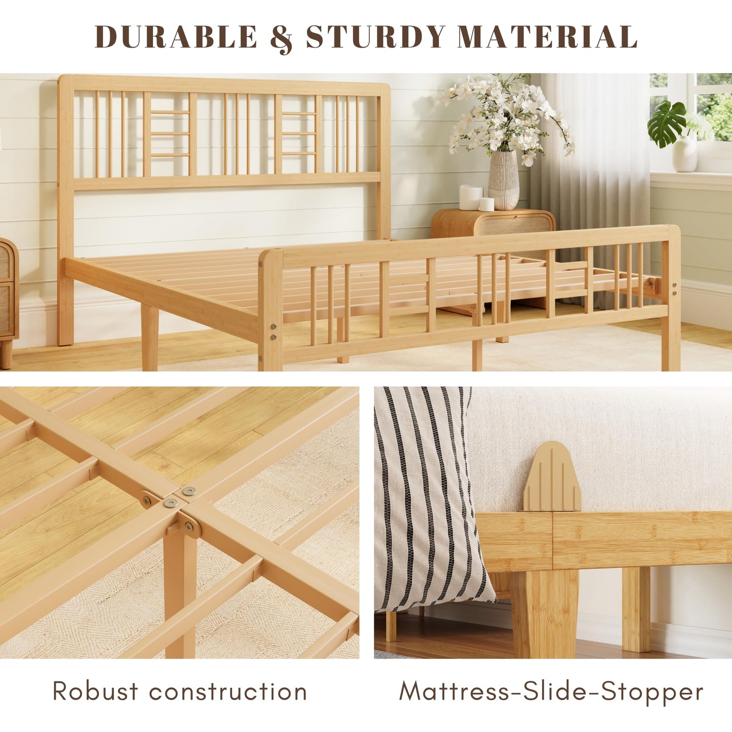 Hunlostten Wooden Double Bed Frame with Headboard - Bamboo Wood Bed Frames with Metal Slats Support and Underbed Storage, Easy to Install, Noise Free