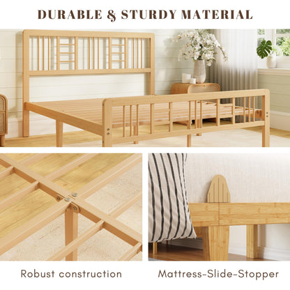 Hunlostten Wooden Double Bed Frame with Headboard - Bamboo Wood Bed Frames with Metal Slats Support and Underbed Storage, Easy to Install, Noise Free