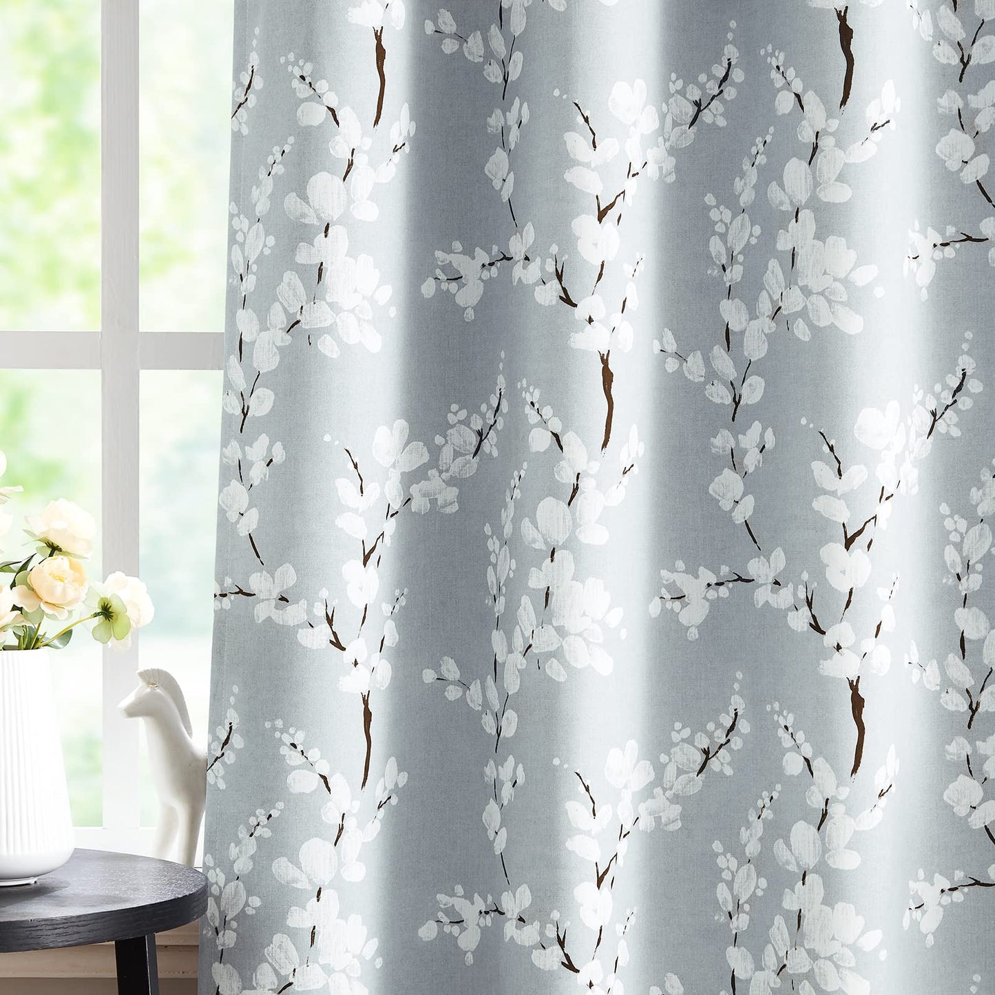 Fmfunctex Grey Floral Blackout Curtains for Bedroom 90 inch Drop Eyelet Curtains for Living Room Nursary Blossom Thermal Insulated Window Curtain