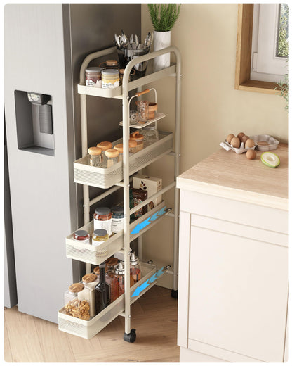 UMDONX Metal Kitchen Storage Trolley with Pull out Basket Narrow 4 Tier