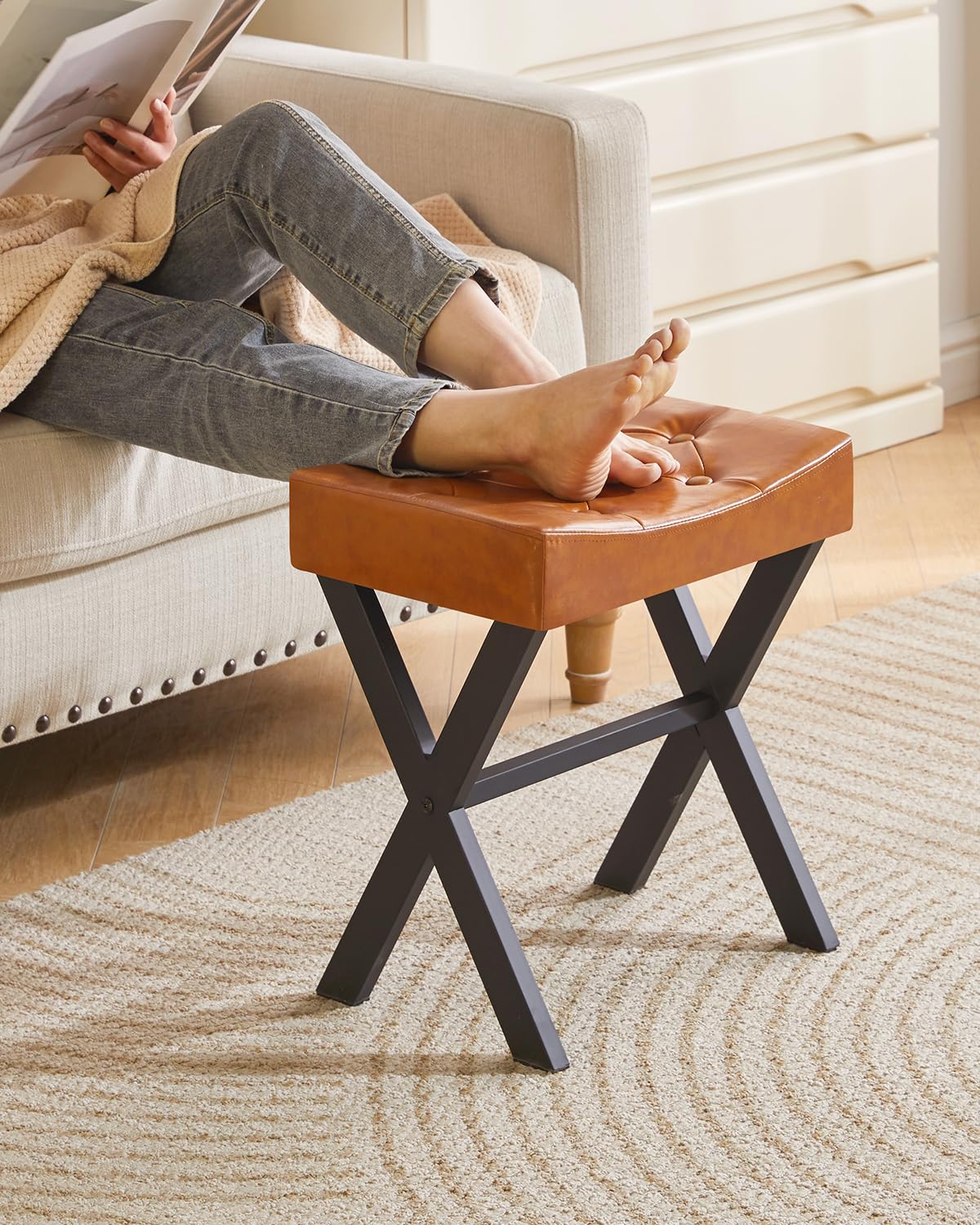 IBUYKE U-Shaped PU Vanity Stool, X-Leg Makeup Chair, Light Brown WBD019J